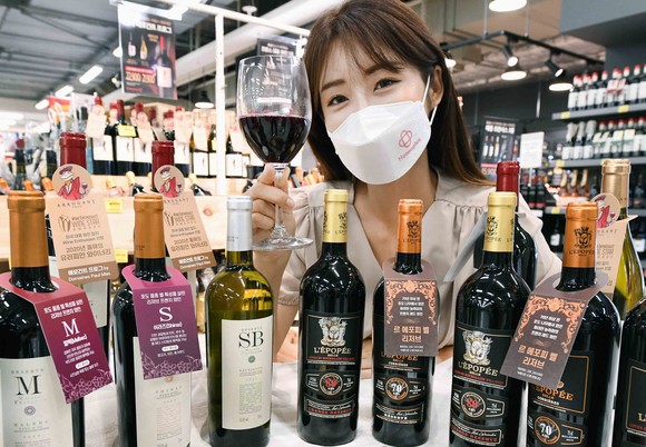 모델이 지난 18일 서울 등촌동 홈플러스 강서점에서 다양한 품종의 신상품 프랑스 와인 9종을 선보이고 있다. ⓒ 홈플러스