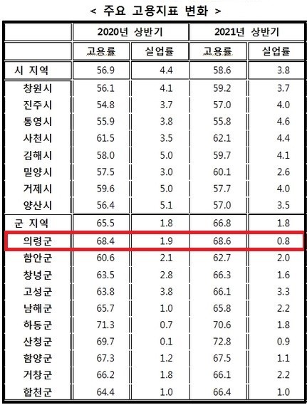 최근 통계청이 발표한 2021년 상반기 지역별 고용조사 시·군·구 주요 고용지표. ⓒ 통계청
