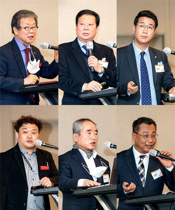 서밋클럽 엑셀러레이팅 발표회에서 기업 대표들이 발표하고 있다. (첫째줄 왼쪽부터) 이승한 넥스트앤파트너스그룹 회장, 권민수 서화엔지니어링 대표, 이충열 비다살바 대표. (둘째줄 왼쪽부터) 박연조 지툰코믹스 CTO 겸 웹툰 작가, 김병호 두레 회장, 송정훈 (주)스테비아팜스 대표. ⓒ 프라임경제