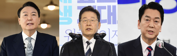 각 정당의 대선 후보(왼쪽부터 국민의힘 윤석열, 더불어민주당 이재명, 국민의당 안철수) ⓒ 연합뉴스 제공·프라임경제 편집