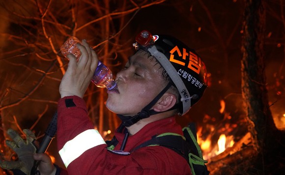 산림청 산림항공본부 소속 공중진화대원이 지난 5일 경북 봉화군 봉화읍 야산에서 야간 산불 진화 작업 중 물을 마시고 있다. ⓒ 산림청