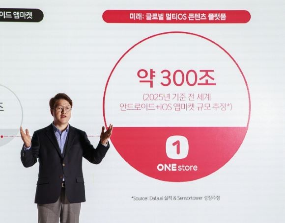 이재환 원스토어 대표가 지난 9일 서울 여의도 페어몬트 엠배서더 호텔에서 개최한 기자 간담회에서 사업 목표를 설명하고 있다. ⓒ 원스토어