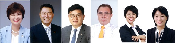 민주당 윤혜영, 김명수, 공병철 후보, 정의당 황경순 후보, 진보당 김선미 후보, 무소속 박세향 후보(사진 왼쪽부터). ⓒ프라임경제