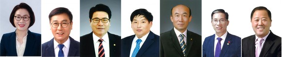민주당 양만주, 정재봉, 박현석, 정성범 후보, 국민의힘 류재천 후보, 진보당 국강현 후보, 무소속 배홍석 후보(사진 왼쪽부터). ⓒ프라임경제