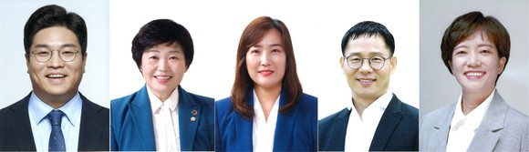 왼쪽부터 민주당 박혜원, 조영임, 이혜경 후보, 정의당 김영관 후보, 진보당 김은정 후보. ⓒ 프라임경제