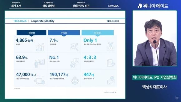 백성식 위니아에이드 대표이사가 9일 온라인 기자간담회에서 회사를 소개하고 있다. ⓒ IR큐더스