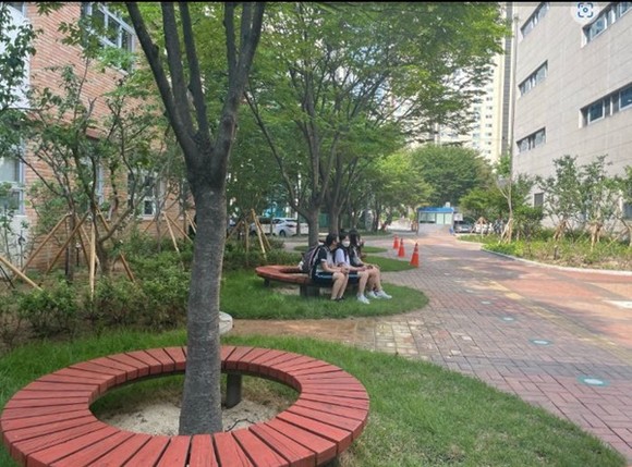월서중 학생들이 학교숲으로 조성된 공간에서 쉬고 있는 모습. ⓒ 대구시교육청