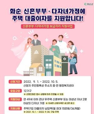 2022년 신혼부부·다자녀가정의 보금자리 지원사업 대상자 모집 포스터. ⓒ 화순군