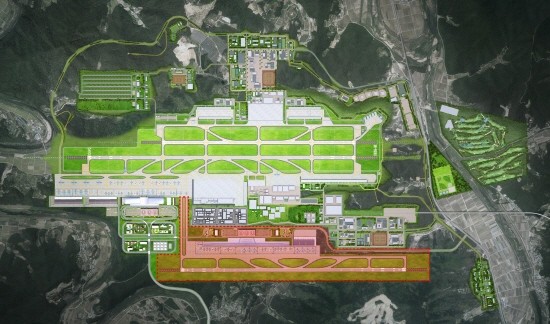 대구시가 제작한 대구경북통합신공항 조감도로, 붉은색 부분은 2단계 확장계획을 반영했다. 향후 계획 단계에서 변경될 수 있다. ⓒ 대구시