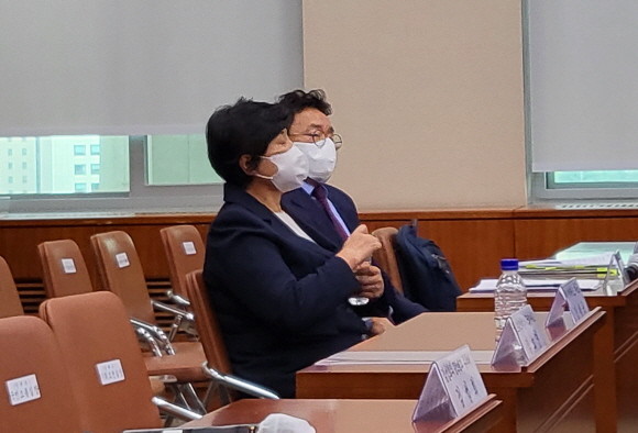 강춘자 KLPGT 대표와 김남진 KLPGT 사무총장은 증언을 마친 후 증인석에 앉았다. = 박성현 기자