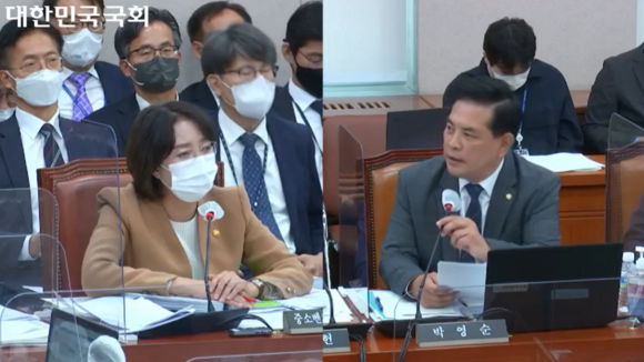 박영순 더불어민주당 의원이 6일 열린 국정감사에서 이영 중소벤처기업부 장관에게 질의하고 있다. ⓒ 국회의사중계시스템 캡처본