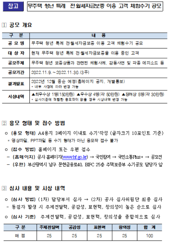무주택 청년 특례 전·월세자금보증 이용 고객 체험수기 공모 개요. ⓒ 한국주택금융공사