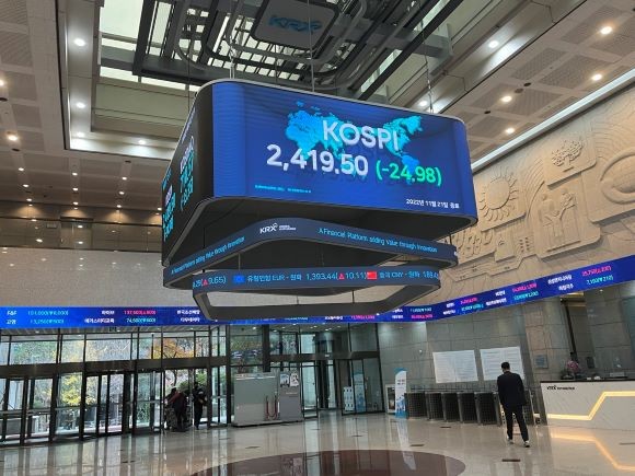 22일 코스피 지수는 전장 2419.50대비 14.23p(-0.59%) 하락한 2405.27로 마감했다. 사진은 지난 21일 서울 영등포구 여의도 한국거래소 전광판 모습. = 이정훈 기자