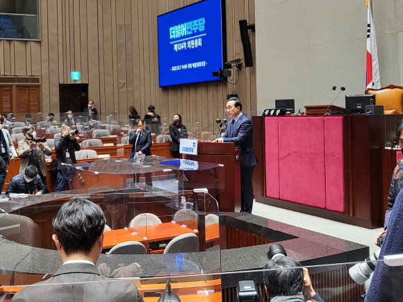 박홍근 더불어민주당 원내대표는 7일 의원총회에서 내년도 예산안, 이상민 행정안전부장관 거취 문제를 언급했다. =박성현 기자