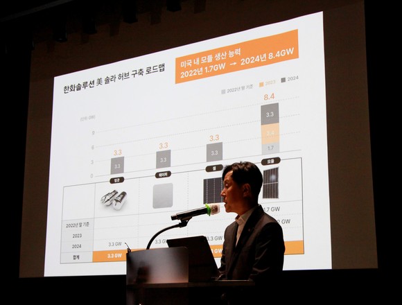 류성주 한화솔루션 큐셀 부문 미국제조본부장이 한화솔루션의 미국 솔라허브 구축 로드맵을 발표하고 있다. ⓒ 한화솔루션