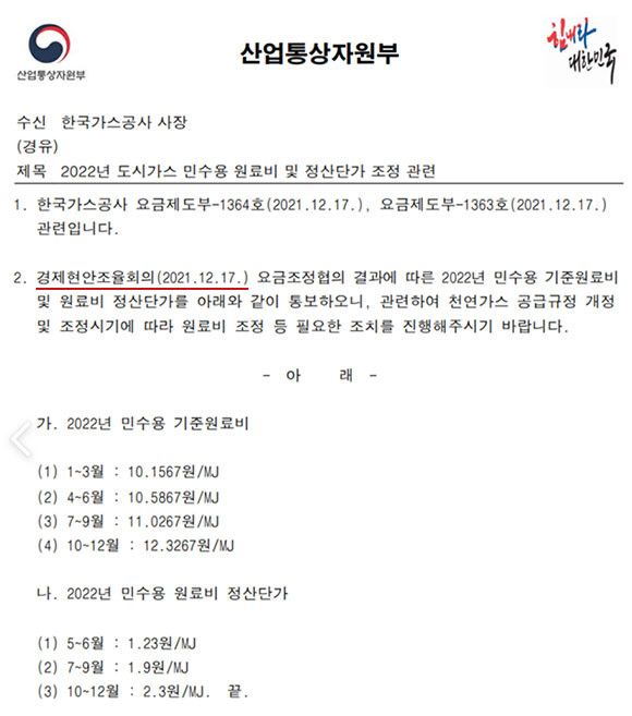 2021년 당시 산업통상자원부 측 공문. ⓒ 양금희 국민의힘 의원실