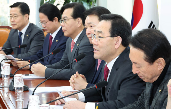 주호영 국민의힘 원내대표가 오늘 오전 국회에서 열린 원내대책회의에서 발언하고 있다. ⓒ 연합뉴스