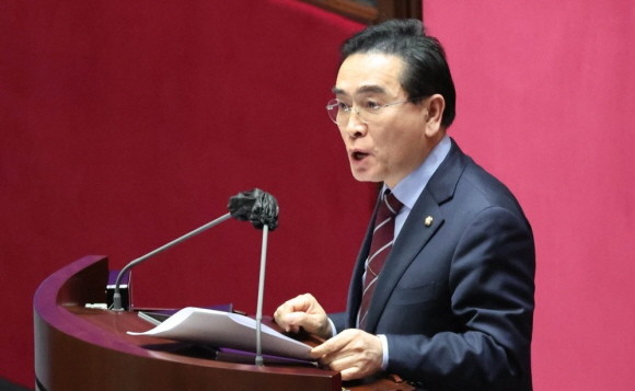 태영호 국민의힘 의원은 김성태 전 쌍방울 회장 대북송금 의혹을 언급하면서 이재명 더불어민주당 대표를 비판했다. ⓒ 연합뉴스