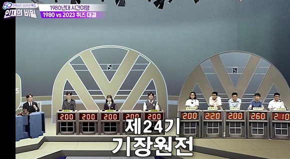 EBS 장학퀴즈 50주년 특별방송 중 확장현실(XR)로 구현된 1980년대 장학퀴즈 방송 스튜디오에서 현재 출연자와 과거 출연자들이 퀴즈 대결을 벌이고 있다. ⓒ SK그룹