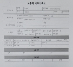 사회복무요원 복무기록표. ⓒ 김민석 강서구의회 구의원