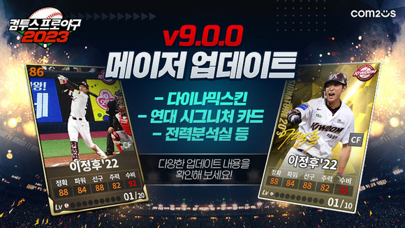 컴투스의 모바일 야구 게임 '컴투스프로야구2023'이 본격적인 야구 시즌을 맞아 2023 KBO리그 일정과 선수를 최신화하고 대규모 업데이트를 실시했다. ⓒ 컴투스