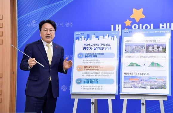강기정 광주광역시장이 지난 2월21일 오후 시청 브리핑룸에서 민선 8기 도시경쟁력 강화를 위한 '도시경관 및 건축물 디자인 향상 제도개선 방안'을 발표하고 있다. ⓒ 광주광역시