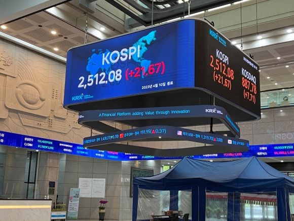 10일 서율 영등포구 여의도 한국거래소 전광판에 코스피 지수가 전장 대비 21.67p(0.87%) 상승한 2512.08을 나타내고 있다. = 이정훈 기자