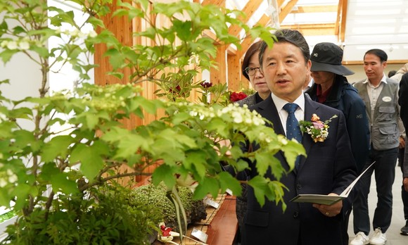남성현 산림청장이 국립세종수목원 분재전시원일원에서 열린 제1회 야생초 예술 공모전 전시회에 참석해 예술작품들을 관람하고 있다. ⓒ 산림청