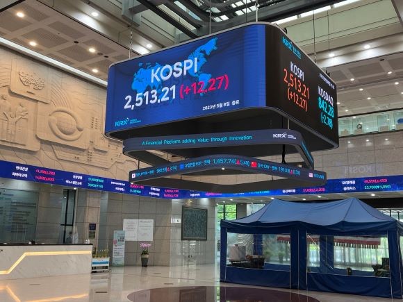 8일 서율 영등포구 여의도 한국거래소 전광판에 코스피 지수가 전장 대비 12.27p(0.49%) 상승한 2513.21을 나타내고 있다. = 이정훈 기자