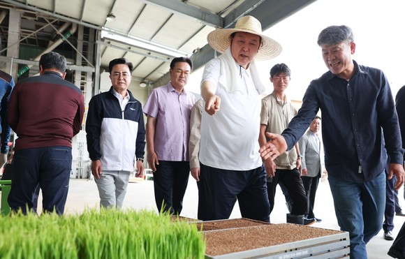 7일 부여 꿈에영농조합법인에서 진행한 벼 모내기 행사에 윤 대통령과 함께 참석한 김태흠 지사. ⓒ 충남도