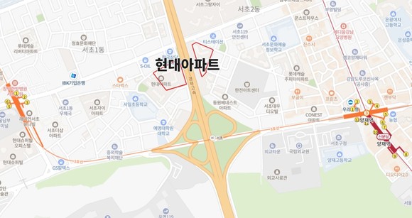 현대아파트는 경부고속도로를 중심으로 단지가 분리된 형태다. ⓒ 네이버지도