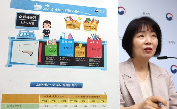 김보경 통계청 경제동향통계심의관이 4일 오전 세종시 정부세종청사에서 6월 소비자물가동향을 발표하고 있다. ⓒ 연합뉴스