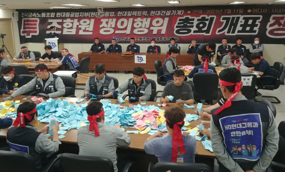 HD현대중공업 노조가 지난 11일 오후 사내 체육관에서 올해 임금협상 난항에 따른 파업 찬반투표를 개표하고 있다. ⓒ HD현대중공업 노조