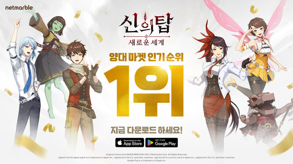 '신의 탑: 새로운 세계'가 출시 하루 만에 앱스토어 매출·인기 1위를 기록했다. ⓒ 넷마블