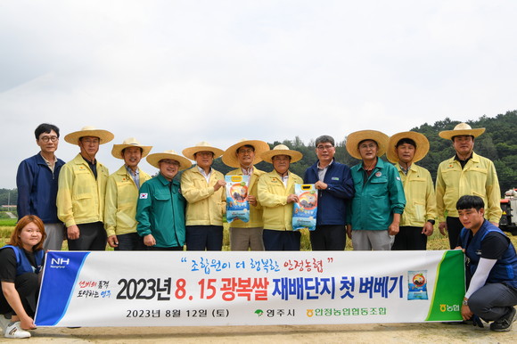 안정면 오계리 황순섭 농가의 논에서 '8·15 광복쌀' 올해 첫 벼베기 행사를 개최하고 기념사진을 촬영하고 있다. ⓒ 영주시