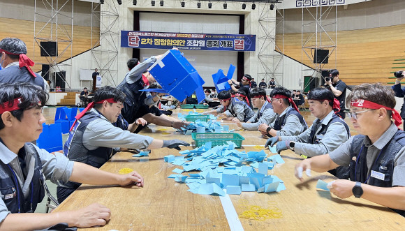 HD현대중공업 노조가 지난 7일 울산 본사에서 올해 임협 잠정합의안 찬반투표 개표를 진행하고 있다. ⓒ HD현대중공업 노조