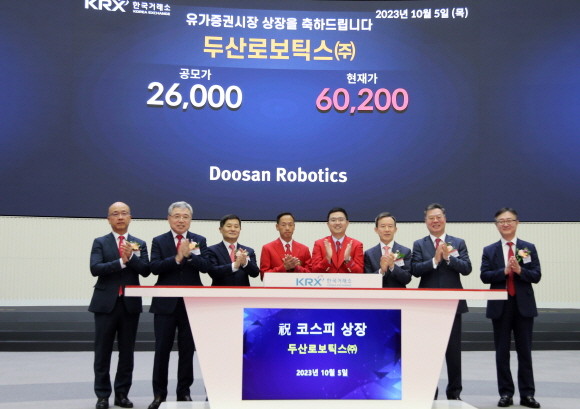 두산로보틱스 박인원 대표(왼쪽 넷째), 류정훈 대표(왼쪽 다섯째)가 매매개시 벨을 누른 후 관계자들과 기념사진을 촬영하고 있다. ⓒ 두산로보틱스
