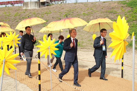 오태완 군수와 직원들이 해바라기 길을 걷고 있다. ⓒ 프라임경제