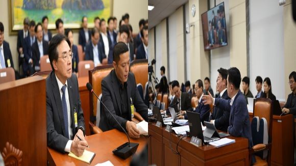 11일 국회 정무위원회 국정감사에서 (왼쪽)홍원식 하이투자증권 대표이사가 (오른쪽)김종민 더불어민주당 의원의 질의에 답변하고 있다. = 장민태 기자