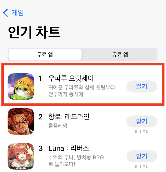 엔에이치엔은 20일 컬렉션 소셜네트워크게임(SNG) '우파루 오딧세이'가 애플 앱스토어에서 인기게임 순위 1위를 기록했다. ⓒ NHN