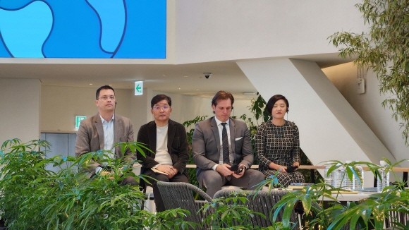 울산ARC 기공식 기자간담회 참석한 SK지오센트릭과 재활용 전문 기업 사장들이 울산ARC 질의응답을 진행하고 있다. = 조택영 기자