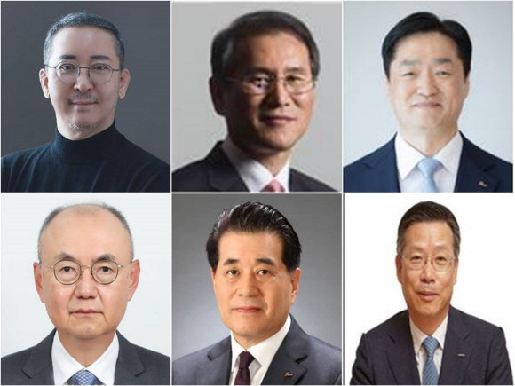 포스코그룹 차기 회장 후보자인 권영수 전 LG에너지솔루션 부회장(왼쪽 위부터 시계방향으로), 김동섭 한국석유공사 사장, 김지용 포스코홀딩스 미래연구원장, 전중선 전 포스코홀딩스 사장, 장인화 전 포스코 사장, 우유철 전 현대제철 부회장. ⓒ 포스코