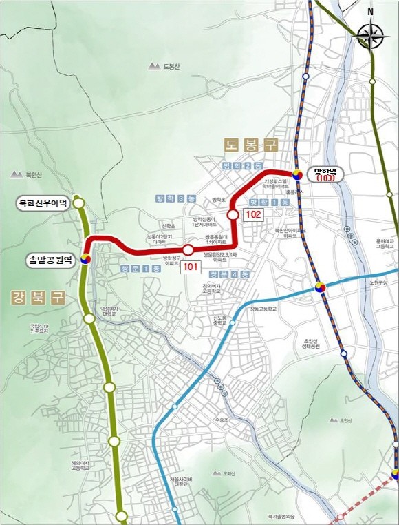 우이신설 연장선 노선도. 정거장 위치 등은 개략적이며, 향후 사업계획 수립 또는 공사 단계 등에서 조정될 수 있음. Ⓒ 서울시