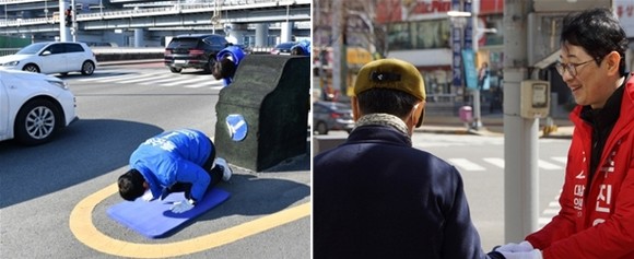 부산 해운대갑 홍순헌 더불어민주당 후보와 주진우 국민의힘 후보가 선거운동 하는 모습. ⓒ각 후보 선거캠프