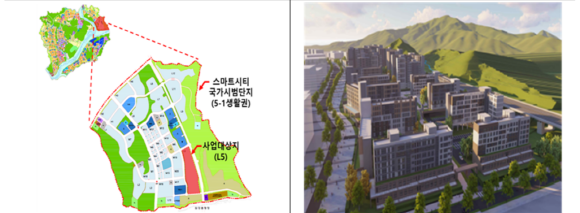 세종 5-1 생활권 L5블록 사업위치도(왼쪽)와 세종 L5 단지게획 예시(오른쪽). © LH