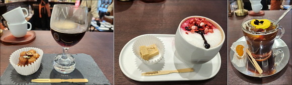 2일 롯데백화점 잠실점에서 진행된 네스프레소 커피 오마카세. (왼쪽부터) 돌체리카노와 꽃 약과, 돌체 블라썸 아인슈페너와 인절미 초콜릿, 스프링클링 돌체와 금귤정과 = 추민선 기자