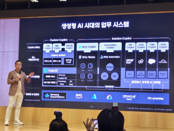 황성우 삼성SDS 대표가 2일 삼성SDS 잠실캠퍼스에서 열린 미디어데이에서 생성형 AI 서비스 사업 전략을 발표하고 있다. = 박지혜 기자
