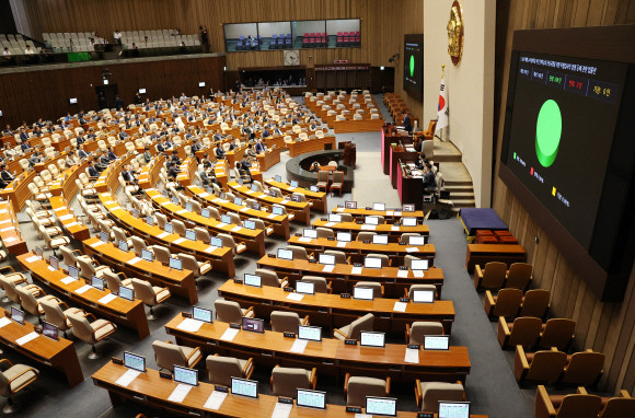 2일 서울 여의도 국회에서 열린 본회의에서 '해병대 채상병 사망사건 수사외압 의혹 특별검사법'이 야당 단독으로 통과되고 있다. ⓒ 연합뉴스