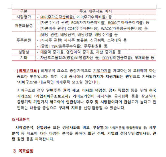 금융위원회가 지난 2일 공개한 기업가치제고 계획 가이드라인(안) 중 일부 갈무리. '비재무지표' 항목에서 '지배구조'에 대한 언급은 있지만, '환경' '사회적 책임'에 대한 언급은 없다. ⓒ 프라임경제