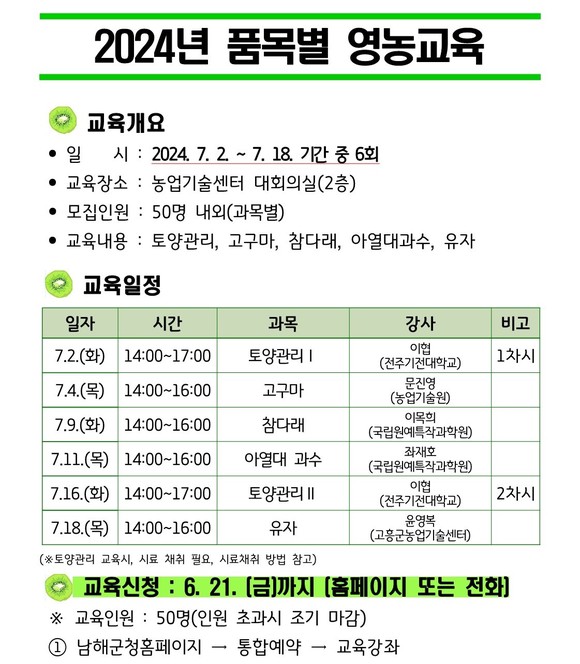 남해군 2024년 품목별영농교육생 모집. ⓒ 남해군
